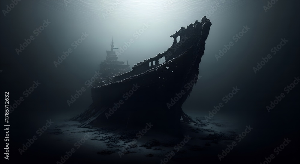 Fototapeta premium Colossal petrified shipwreck on abyssal plain