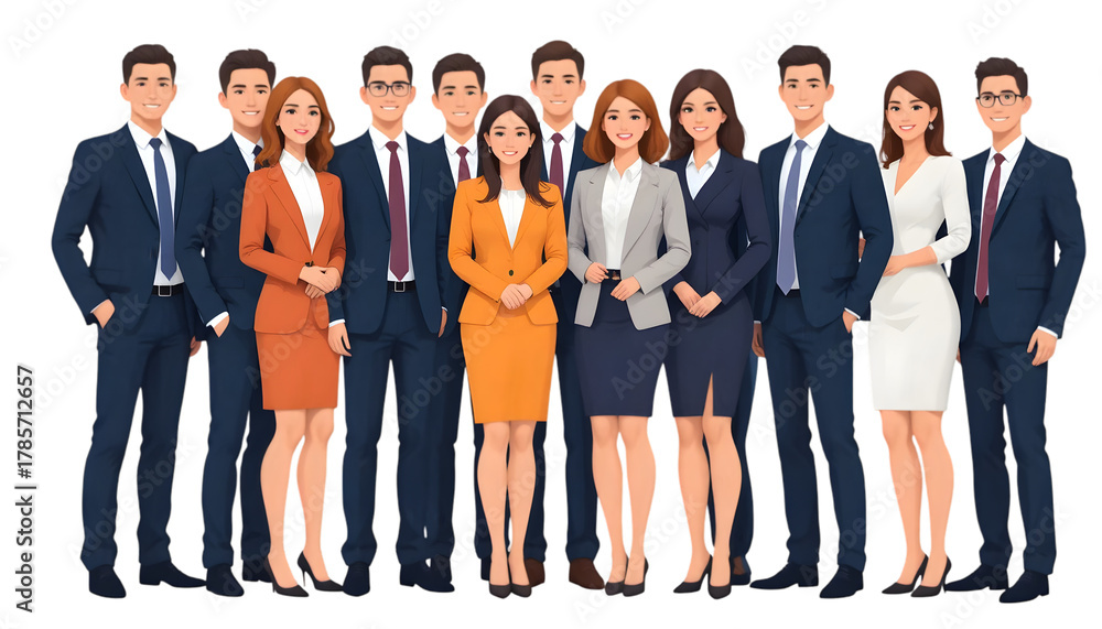 Obraz premium A diverse group of business professionals, men and women, posing together in a studio setting, isolated on transparent background
