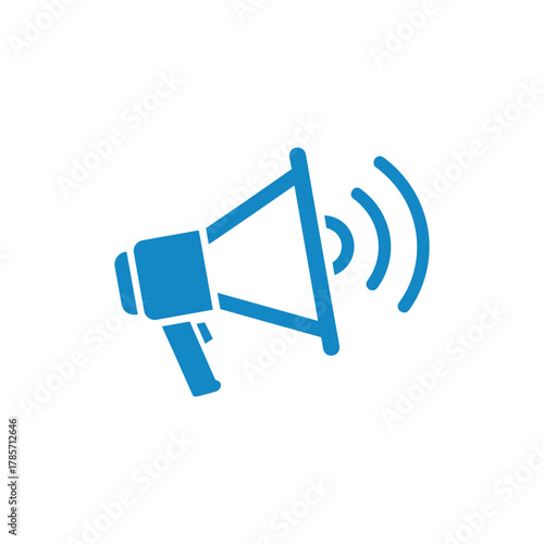 Blue megaphone icon with sound waves symbolizing announcement, communication, and broadcasting on a white background.