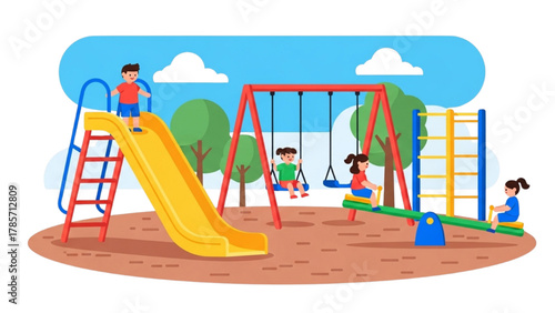 Lively vector illustration of cheerful children enjoying playful activities at a vibrant outdoor park playground