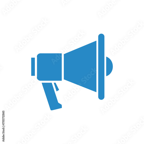 A blue megaphone icon, representing announcement, communication, and broadcasting, isolated on a white background.