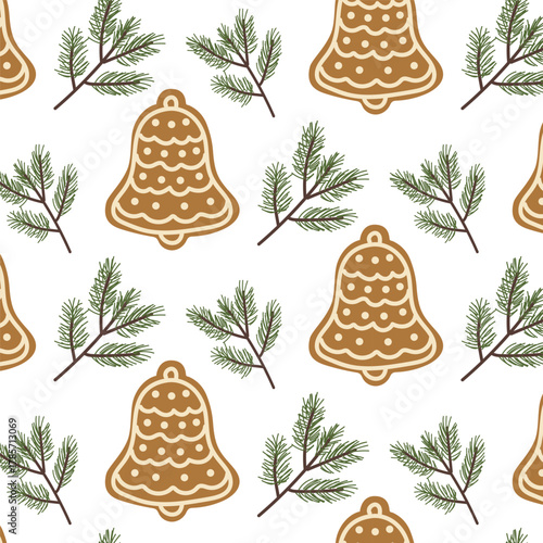 Beautiful holiday pattern featuring gingerbread bells and evergreen branches on a light background for seasonal decor
