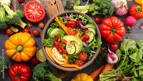 Vibrant salad bowl with various fresh vegetables on a dark wood surface, captured in a high-angle shot