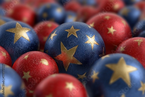 A collection of red and blue spheres with gold stars are closely arranged.