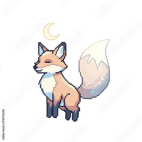 Pixel Art Fox with Crescent Moon Adorable Digital Illustration of a Foxy Character and Celestial Symbol