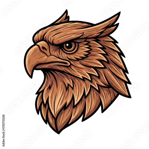 Wood carving of an eagle's head. Isolated on a white background.