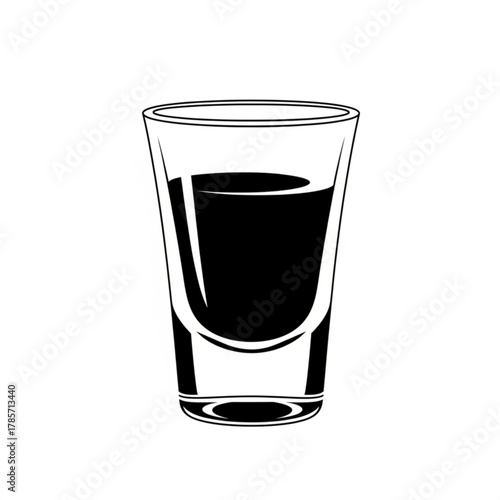 Black silhouette of a shot glass filled with dark liquid isolated on white background