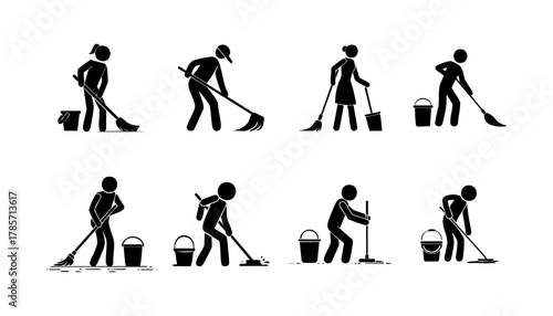 Silhouette figures performing cleaning tasks with mops, brooms, and buckets, on white background