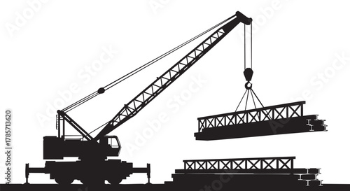 A silhouette of a crane lifting a steel beam, representing construction, industry, and infrastructure development against a clean white background.