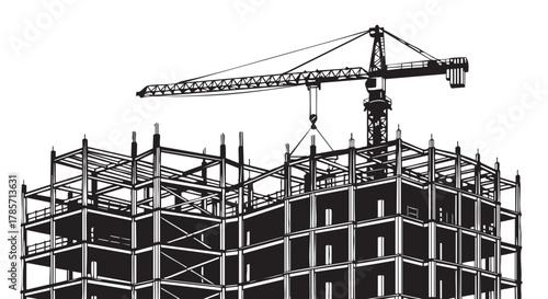 A monochrome illustration captures a building under construction, with a crane working on the steel framework against a clean white backdrop.
