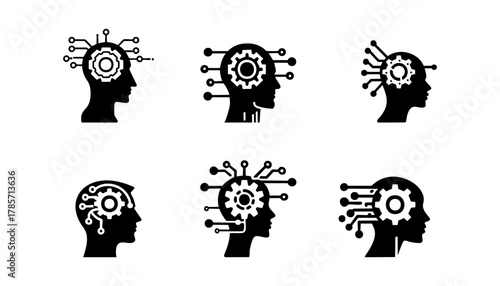 Silhouette heads featuring gear-shaped brains with circuitry, suggesting AI and technology