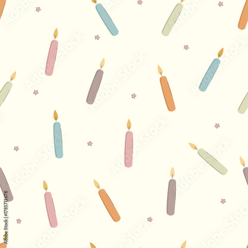 Hand drawn birthday candles pattern with cute candles different colords and stars. Vector illustration 