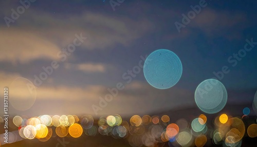 Fototapeta Naklejka Na Ścianę i Meble -  Bokeh city lights shine under clouded sky