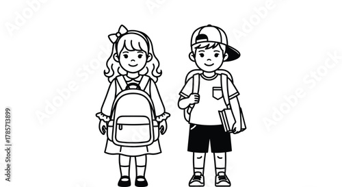Happy kids ready for school with backpacks and books