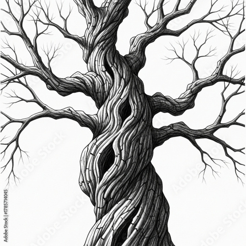 Twisted ancient tree silhouette isolated on white background