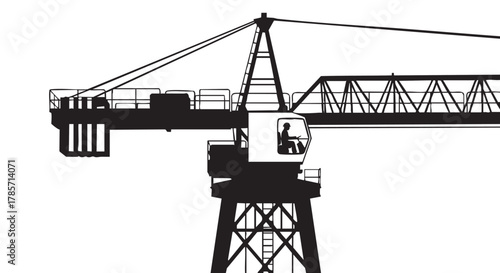 Silhouette of a towering construction crane, a symbol of industry and progress, with a worker in the cabin, against a clean white backdrop.