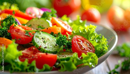 Vibrant salad with leafy greens, tomatoes, cucumber, broccoli, and peppers on a gray plate