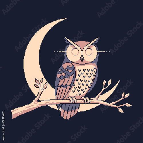 Pixel Art Owl Perched on Branch with Crescent Moon in a Night Sky, Vector Illustration