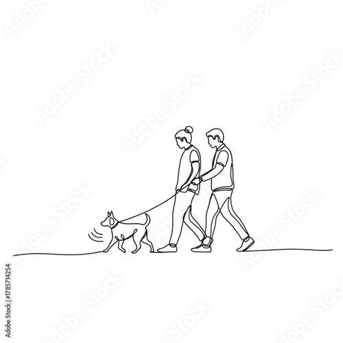 Couple walking dog on leash continuous line art silhouette isolated on white background