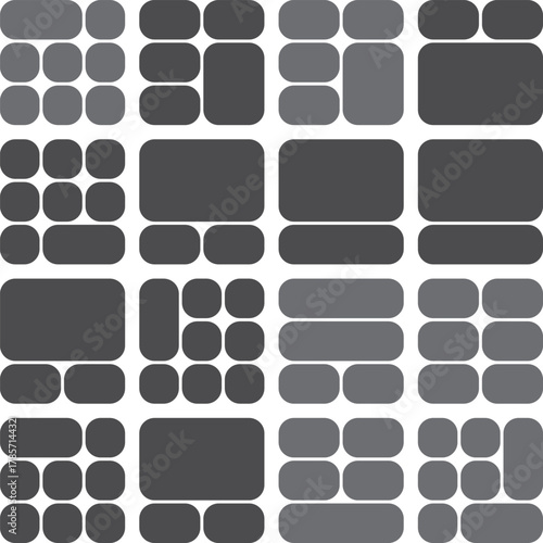 Abstract geometric pattern of rounded rectangles and squares in shades of gray.