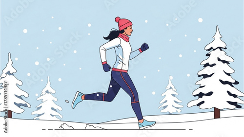 Woman jogging in snowy landscape with pine trees and snowflakes