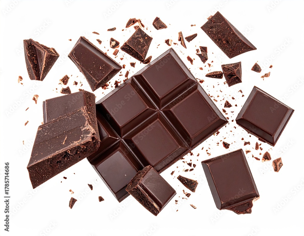 Fototapeta premium Dark chocolate bar, broken pieces, scattered crumbs