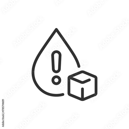 Blood drop with sugar cube and exclamation mark, linear icon. Blood sugar alert and diabetes warning. Line with editable stroke.