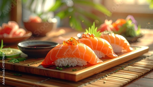 Vibrant salmon sushi on a wooden board, beautifully lit, with garnishes. Bright and inviting, capturing freshness