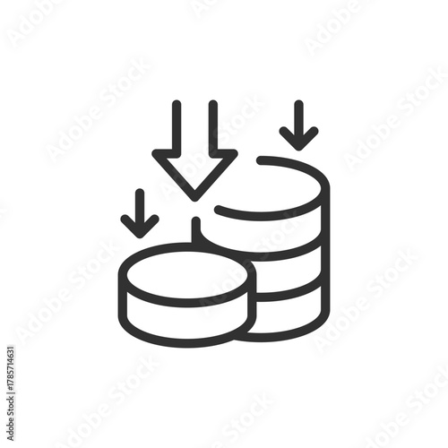 Coins with downward arrows, linear icon. Price reduction and economic decline. Line with editable stroke.