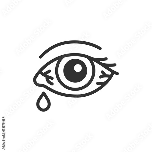 Eye with tear, linear icon. Painful eye and ophthalmology problem. Line with editable stroke.