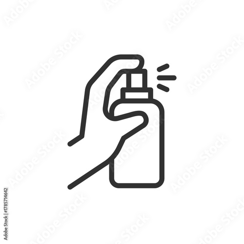 Hand holding spray bottle, linear icon. Cleaning or disinfection. Line with editable stroke.