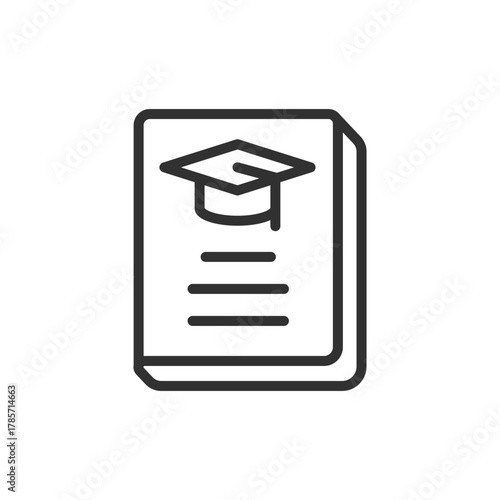 Thesis document with graduation cap, linear icon. Academic research and final project paper. Line with editable stroke.