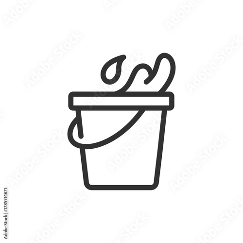 Bucket with liquid splashes, linear icon. Cleaning and water usage concept. Line with editable stroke.