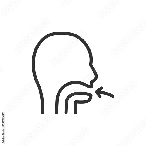 Person with arrow to mouth, linear icon. Oral intake and eating process. Line with editable stroke.