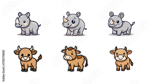 Six cartoon animals three rhinos and three cows in a cute, simple style