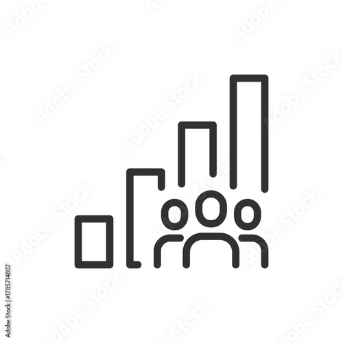 People with bar chart, linear icon. Population and demographic statistics. Line with editable stroke.