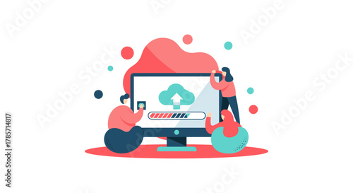 A vibrant illustration depicts people interacting with a computer, symbolizing cloud data upload and digital technology in a modern workspace environment.