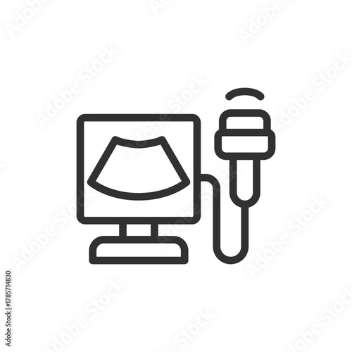 Ultrasound scanner and probe, linear icon. Medical diagnostic imaging equipment. Line with editable stroke.