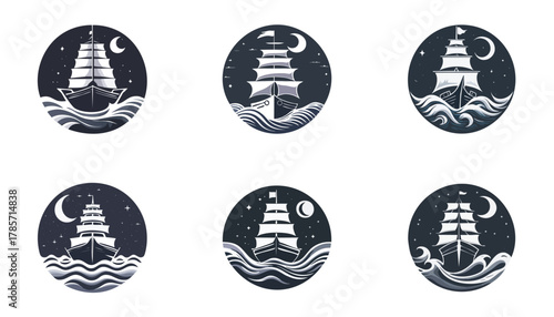 Six circular illustrations of sailing ships at night, set against the moon and stars, over waves