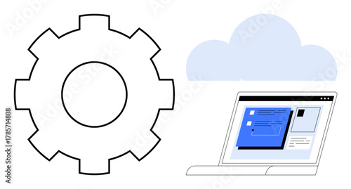 Gear symbol beside a laptop displaying digital content, set near a cloud shape. Ideal for technology, cloud computing, innovation, software development, workflow automation, data management, modern