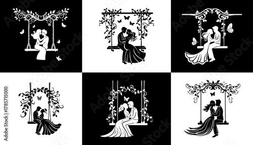 Six silhouettes of couples, kissing on swings, surrounded by leaves and butterflies