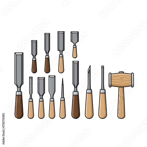 Wood chisels of various sizes. isolated on a white background.