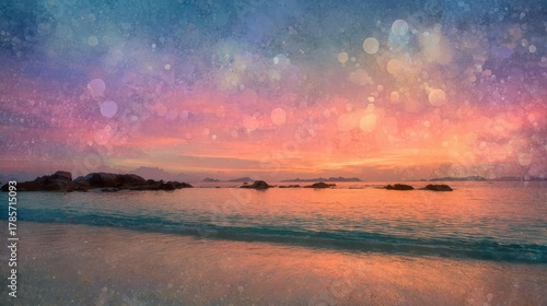 Vibrant sunset over calm waters with rocky shoreline and gentle waves creating a peaceful seaside atmosphere