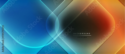 Abstract geometric design. Blue, orange gradients blend. Overlapping squares create dynamic visual effect. Modern, sleek presentation.