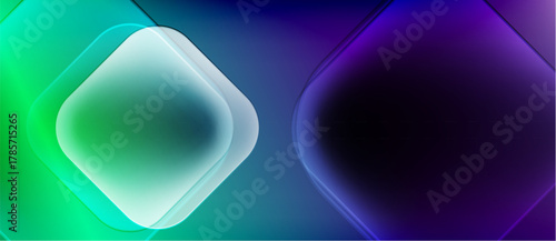 Abstract gradient shapes overlap. Teal, blue, purple hues create soft visual effect. Modern design, smooth transitions present.