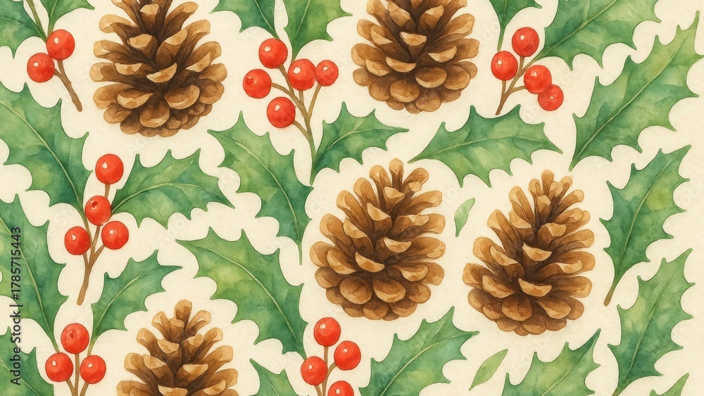 Fototapeta premium Festive pinecones and holly pattern desktop wallpaper