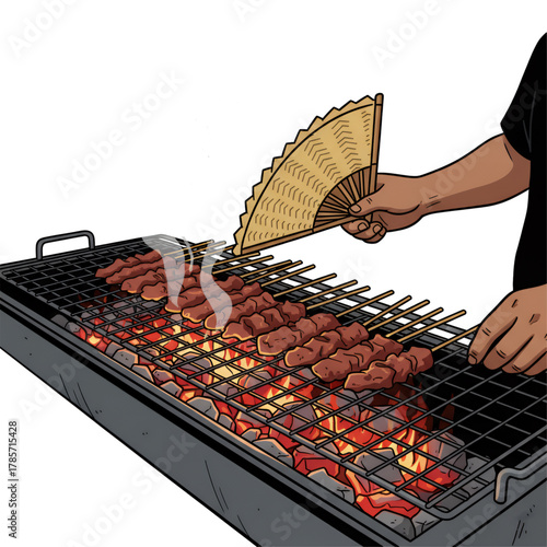 the process of grilling satay on a hot grill. isolated on a white background.