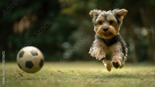Playful dog chases soccer ball in a sunny park during the afternoon