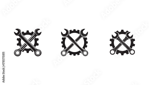 Three mechanic icons, each featuring crossed wrenches over a gear, black on white