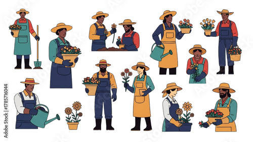 Gardeners Group Working with Flowers and Plants in Garden